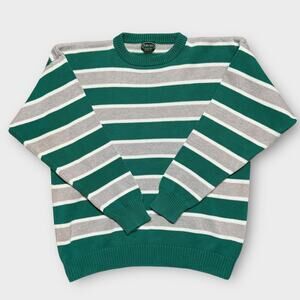 IZOD PREPPY VINTAGE STRIPE CREW NECK SWEATER GREEN WHITE GRAY LARGE
